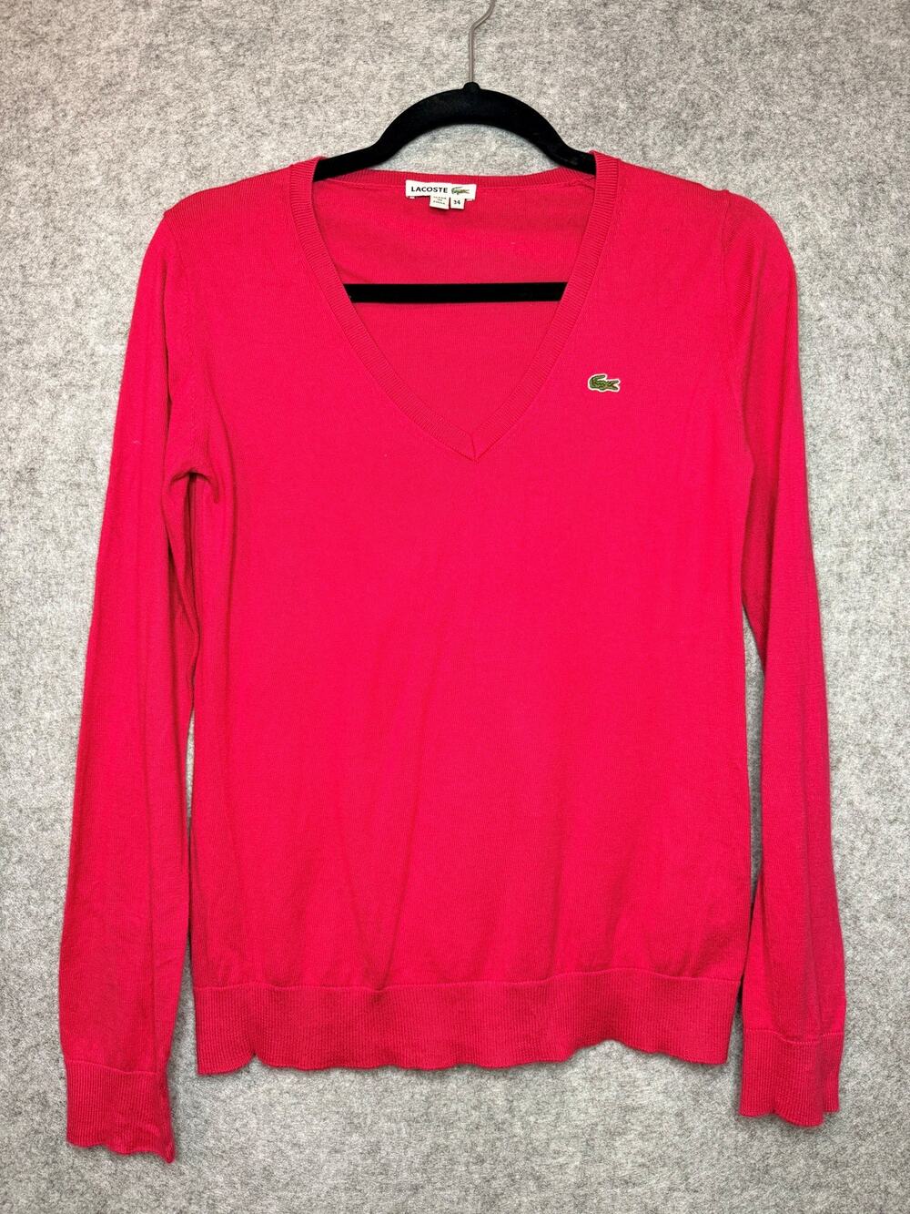 Lacoste Womens Sweater Size 34 US XS Pink V Neck Long Sleeve Crocodile Logo